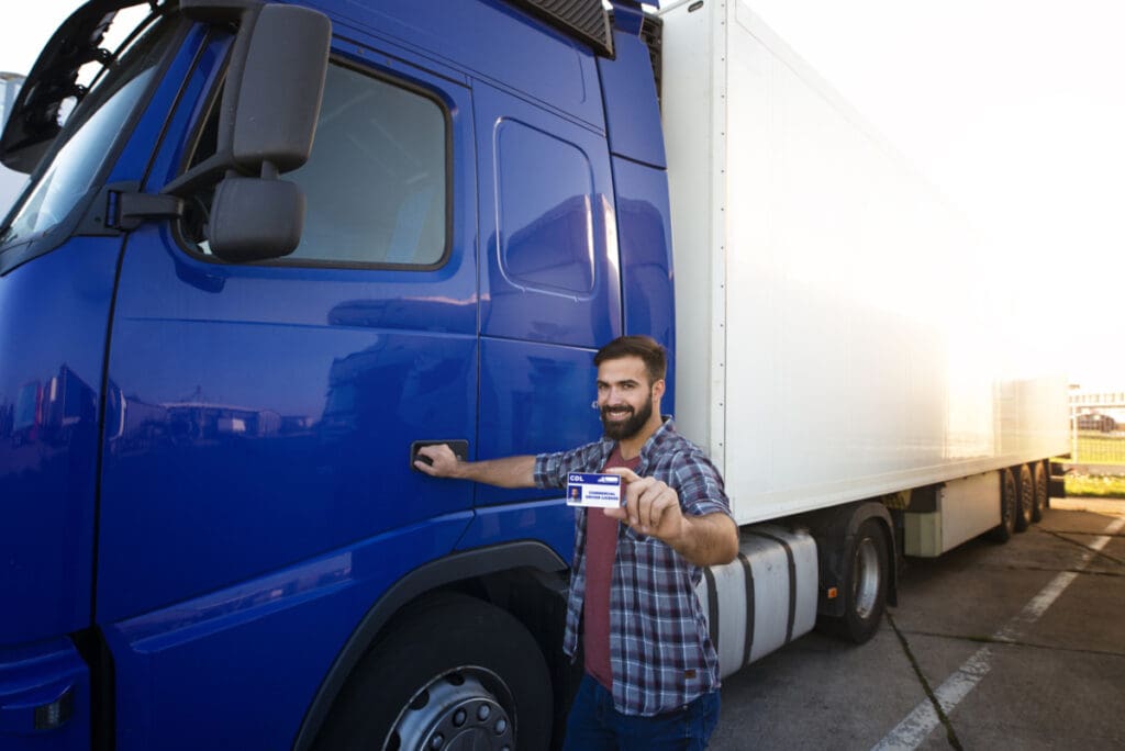 A truck driver holding up a CDL in front of a semi
