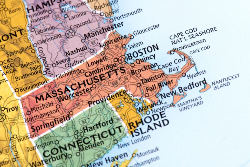A map showing Massachusetts, Connecticut and Rhode Island